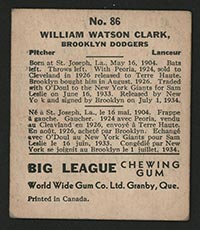 1936 V355 World Wide Gum #86 William W. Clark Brooklyn Dodgers - Back