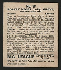 1936 V355 World Wide Gum #88 “Lefty” Grove Boston Red Sox - Back