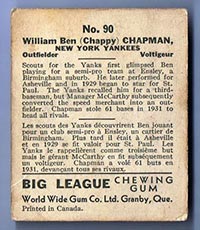 1936 V355 World Wide Gum #90 Ben Chapman New York Yankees - Back