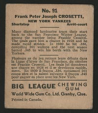 1936 V355 World Wide Gum #91 Frank Crosetti New York Yankees - Back