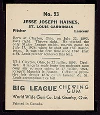 1936 V355 World Wide Gum #93 Jesse Haines St. Louis Cardinals - Back