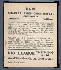 1936 V355 World Wide Gum #94 “Chick” Hafey Cincinnati Reds - Back