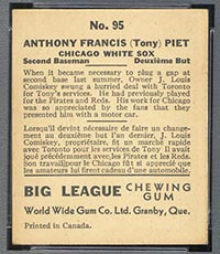 1936 V355 World Wide Gum #95 Tony Piet Chicago White Sox - Back