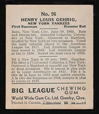 1936 V355 World Wide Gum #96 Lou Gehrig New York Yankees - Back