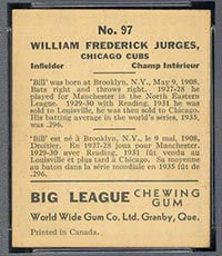 1936 V355 World Wide Gum #97 Bill Jurges Chicago Cubs - Back