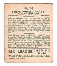 1936 V355 World Wide Gum #98 Smead Jolley Albany Senators - Back