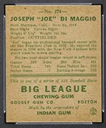 1938 Goudey #274 Joe DiMaggio New York Yankees - Back