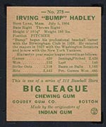 1938 Goudey #275 “Bump” Hadley New York Yankees - Back