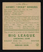 1938 Goudey #276 Zeke Bonura Washington Senators - Back
