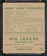 1938 Goudey #277 Hank Greenberg Detroit Tigers - Back