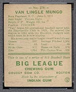 1938 Goudey #278 Van Lingle Mungo Brooklyn Dodgers - Back