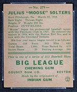 1938 Goudey #279 Julius Solters Cleveland Indians - Back