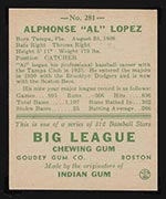 1938 Goudey #281 Al Lopez Boston Bees - Back