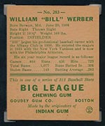 1938 Goudey #283 Bill Werber Philadelphia Athletics - Back
