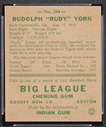 1938 Goudey #284 Rudy York Detroit Tigers - Back