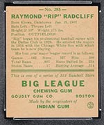 1938 Goudey #285 “Rip” Radcliff Chicago White Sox - Back