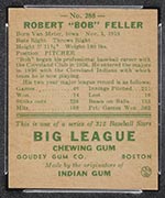 1938 Goudey #288 Bob Feller Cleveland Indians - Back