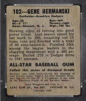 1948-1949 Leaf #102 Gene Hermansk (Hermanski) Brooklyn Dodgers - Back