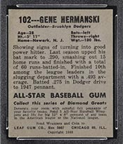 1948-1949 Leaf #102 Gene Hermanski Brooklyn Dodgers - Back