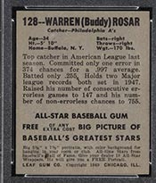 1948-1949 Leaf #128 Warren Rosar Philadelphia Athletics - Back