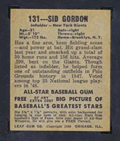 1948-1949 Leaf #131 Sid Gordon New York Giants - Back
