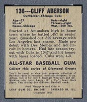 1948-1949 Leaf #136 Cliff Aberson (Short Sleeve) Chicago Cubs - Back