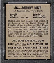 1948-1949 Leaf #46 Johnny Mize New York Giants - Back