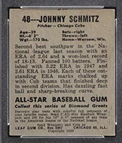 1948-1949 Leaf #48 Johnny Schmitz Chicago Cubs - Back