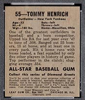 1948-1949 Leaf #55 Tommy Henrich New York Yankees - Back