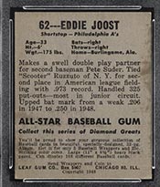 1948-1949 Leaf #62 Eddie Joost Philadelphia Athletics - Back