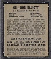 1948-1949 Leaf #65 Bob Elliot (Elliott) Boston Braves - Back