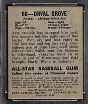 1948-1949 Leaf #66 Orval Grove Chicago White Sox - Back