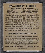 1948-1949 Leaf #82 Johnny Lindell New York Yankees - Back