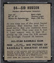 1948-1949 Leaf #84 Sid Hudson Washington Senators - Back