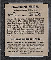 1948-1949 Leaf #86 Ralph Weigel Chicago White Sox - Back