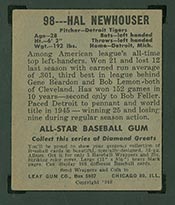 1948-1949 Leaf #98 Hal Newhouser (Photo and Bio Variation) Detroit Tigers - Back