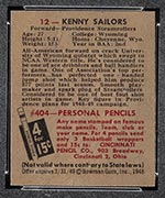 1948 Bowman #12 Kenny Sailors Providence Steamrollers - Back