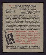 1948 Bowman #26 Price Brookfield Indianapolis Jets - Back