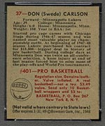 1948 Bowman #37 Don Carlson Minneapolis Lakers - Back