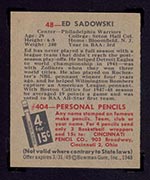 1948 Bowman #48 Ed Sadowski Philadelphia Warriors - Back