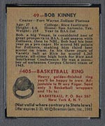 1948 Bowman #49 Bob Kinney Fort Wayne Zollner Pistons - Back