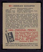 1948 Bowman #62 Herman Schaefer Minneapolis Lakers - Back