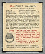 1948 Bowman #63 John Mahnken Baltimore Bullets - Back