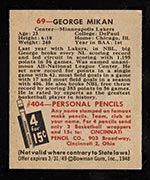 1948 Bowman #69 George Mikan Minneapolis Lakers - Back