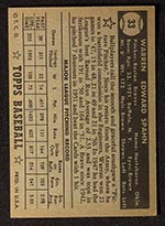 1952 Topps #33 Warren Spahn Boston Braves - Black Back