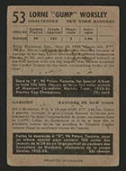 1953-1954 Parkhurst #53 “Gump” Worsley New York Rangers - Back