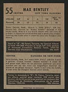 1953-1954 Parkhurst #55 Max Bentley New York Rangers - Back