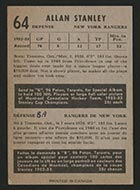1953-1954 Parkhurst #64 Allan Stanley New York Rangers - Back