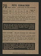 1953-1954 Parkhurst #70 Pete Conacher Chicago Black Hawks - Back