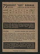 1953-1954 Parkhurst #75 Gus Bodnar Chicago Black Hawks - Back